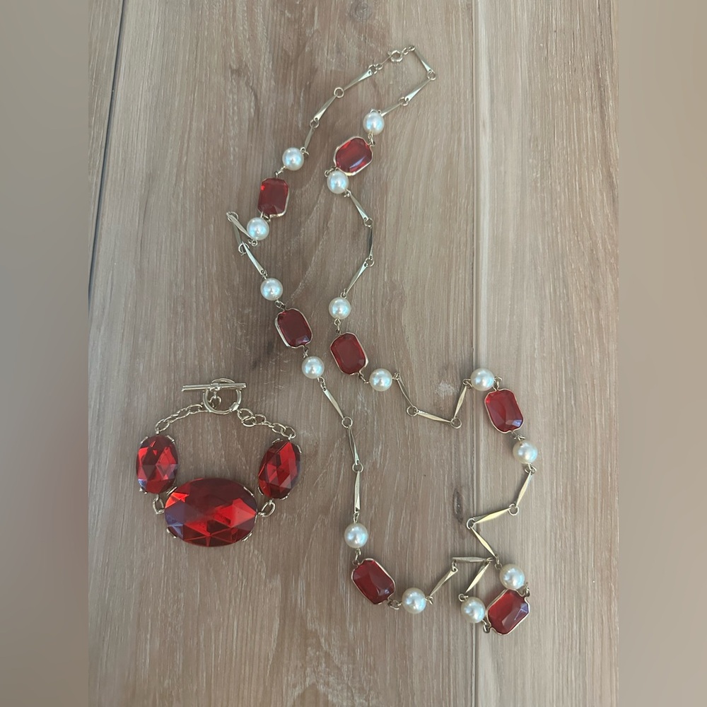 Vintage LV Bracelet w/Pearl and Red Resin Necklace